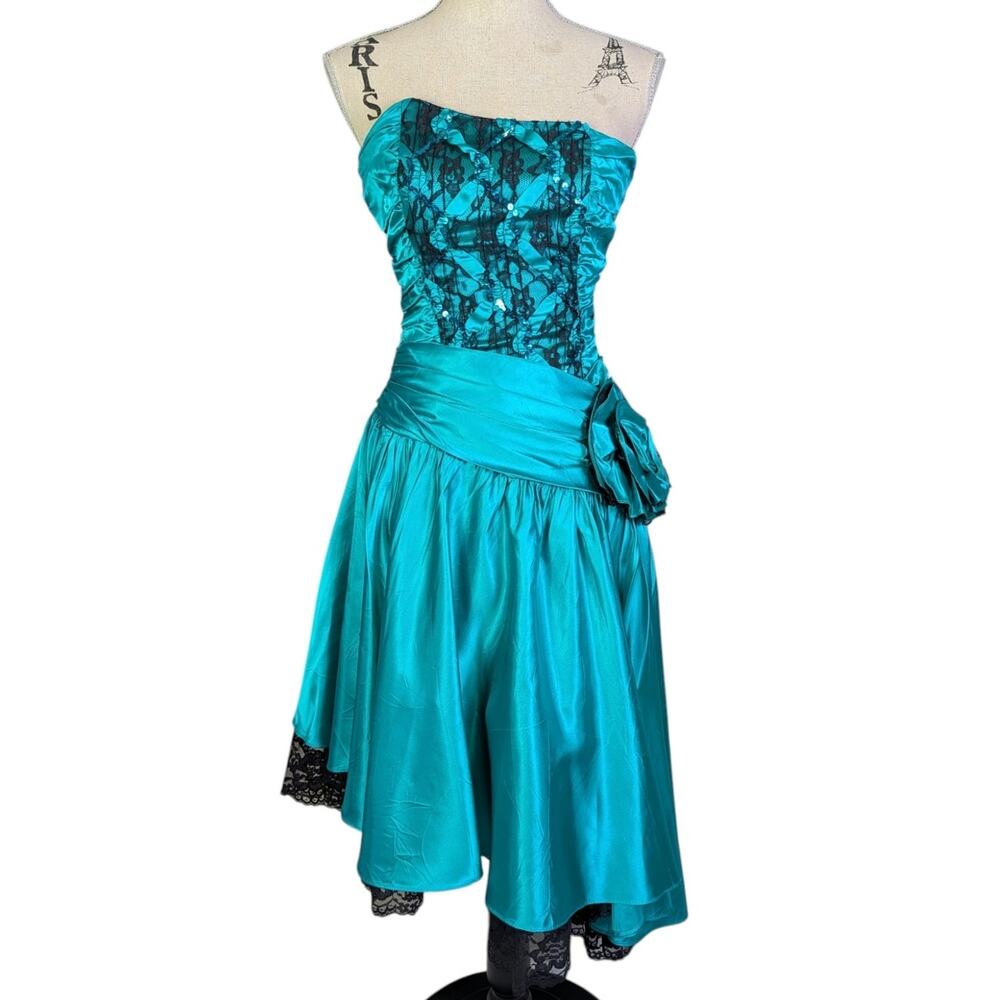 Vintage 80s Teal Satin Strapless Prom Dress Black Lace Sequin Rosette S